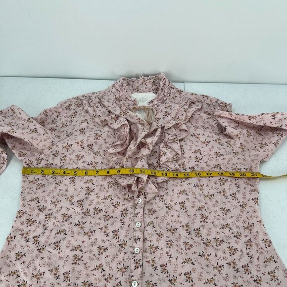 Cino XL Pink Floral Ruffle Blouse Button Down Tie Neck Smocked Peasant - Picture 3 of 8